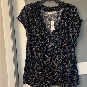 LOFT Pheasant Ruffle Tie Neck Mixed Media Top